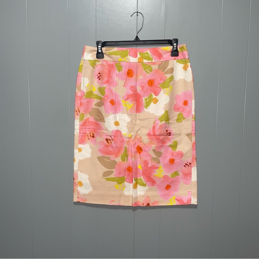 J. Crew Watercolor Floral Knee Length Pink Green Pencil Skirt Size 4
